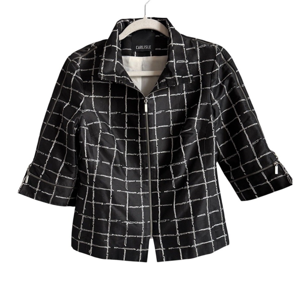 Carlisle Silk Abstract Line Print Full Zip Crop Jacket Zipper Cuffs Modern Sz 4